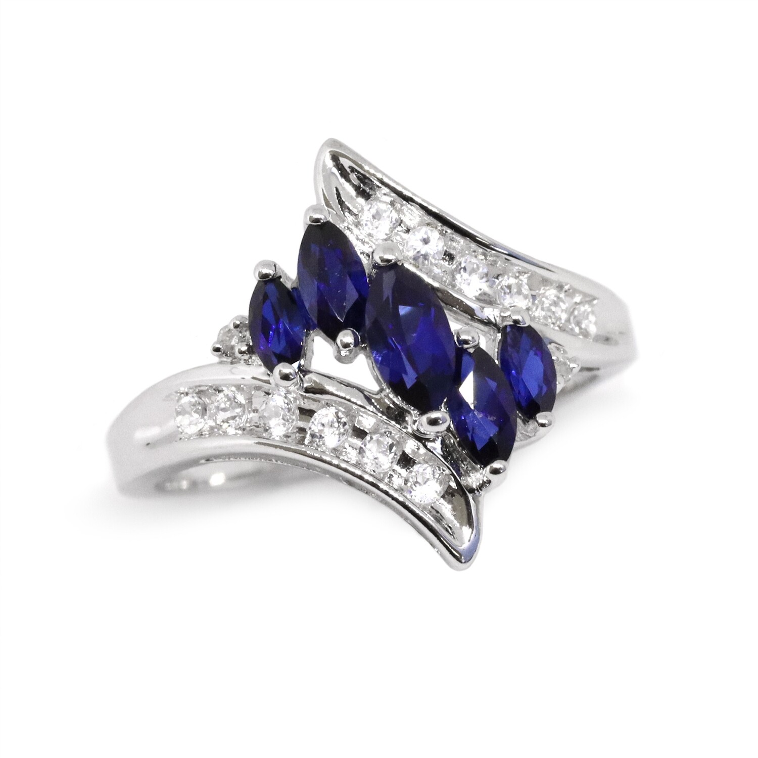 10KT White Gold Created Marquis Blue Sapphire Round White Sapphire Swirl Ring