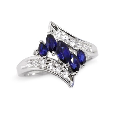 10KT White Gold Created Marquis Blue Sapphire Round White Sapphire Swirl Ring