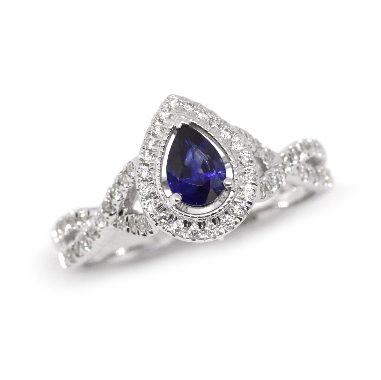 14KT White Gold Pear Sapphire Diamond Halo Twist Ring
