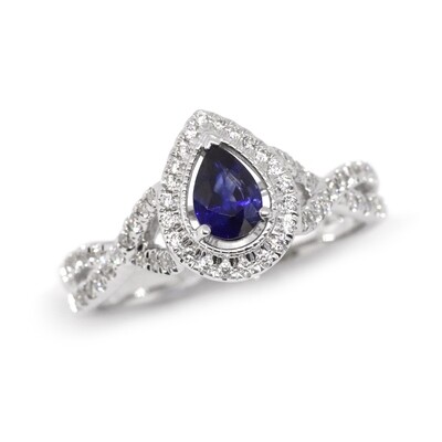 14KT White Gold Pear Sapphire Diamond Halo Twist Ring