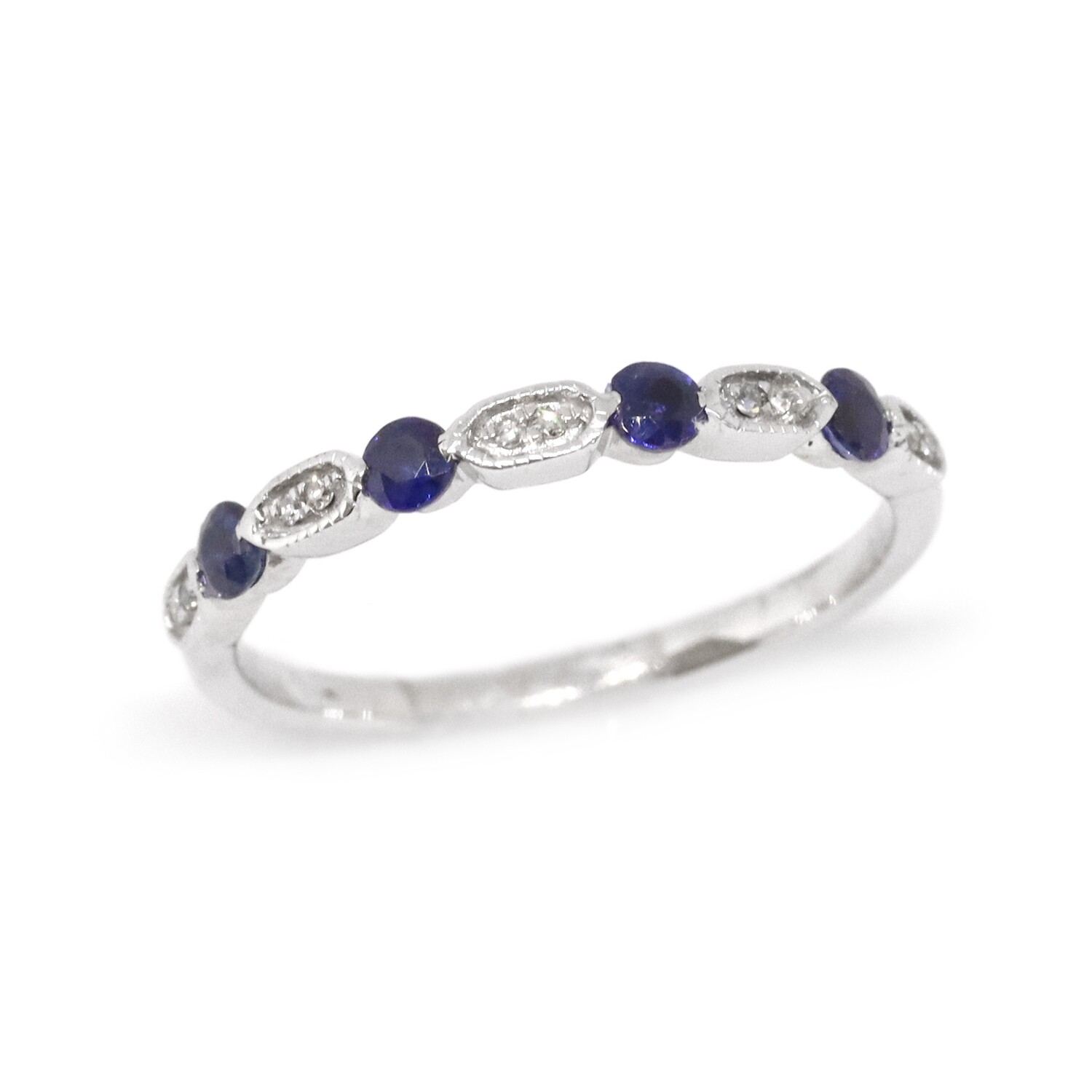 14KT White Gold Round Sapphire and Diamond Stackable Band