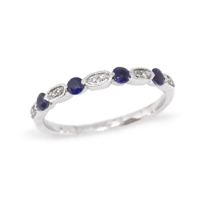 14KT White Gold Round Sapphire and Diamond Stackable Band