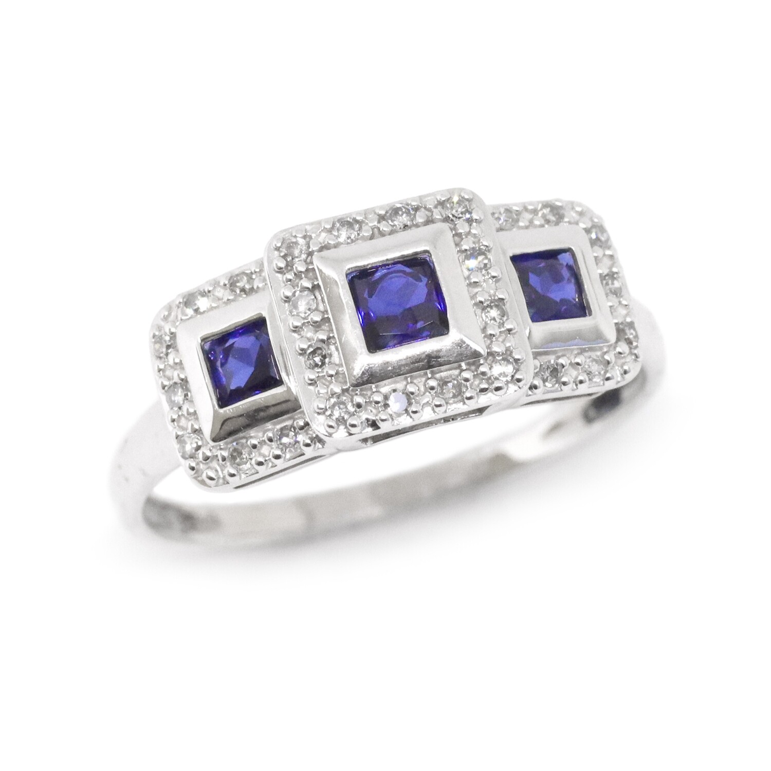 10KT White Gold Three Princess Sapphire Diamond Halo Ring