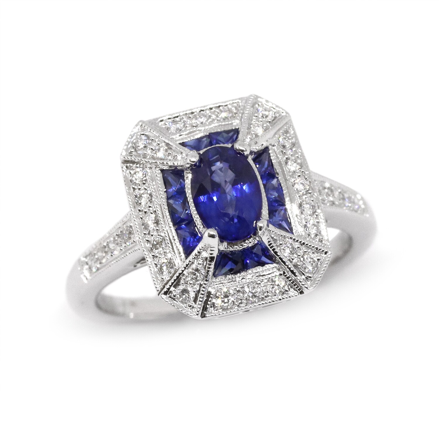 14KT White Gold Oval Sapphire with Baguette Sapphire and Round Diamond Dual Halo Ring