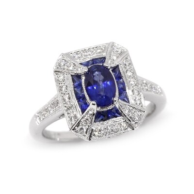 14KT White Gold Oval Sapphire with Baguette Sapphire and Round Diamond Dual Halo Ring