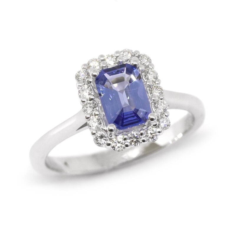 14KT White Gold Emerald-Cut Sapphire Diamond Halo Ring