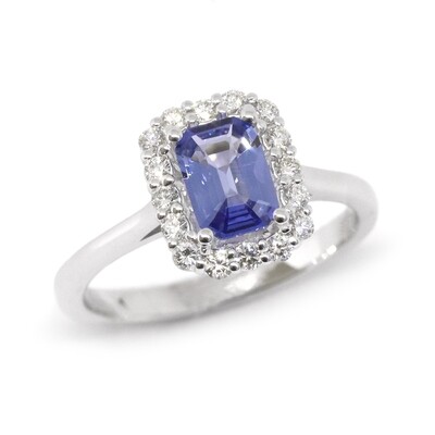14KT White Gold Emerald-Cut Sapphire Diamond Halo Ring