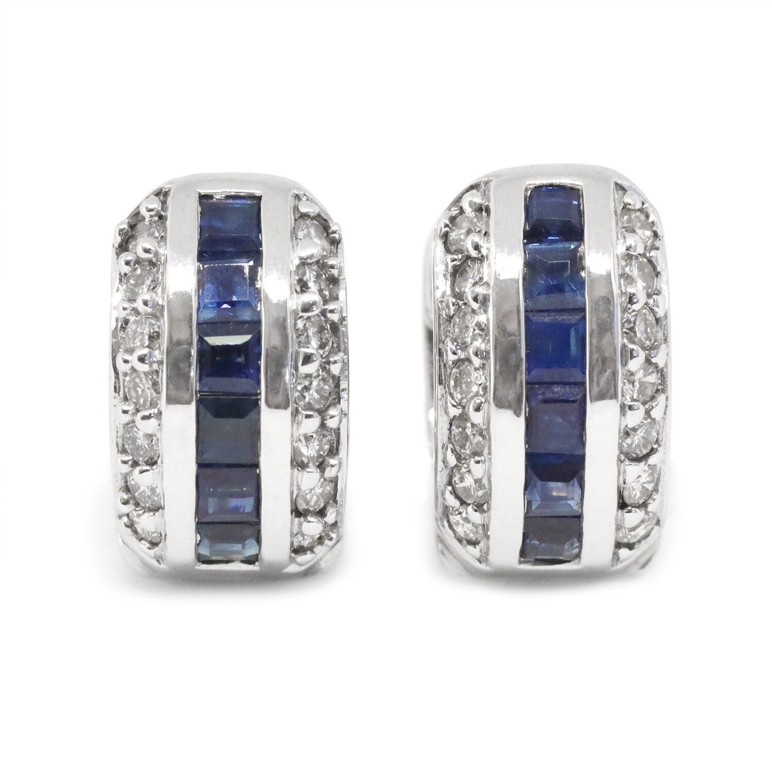 14KT White Gold Princess Sapphire Round Diamond Huggie Hoop Earrings