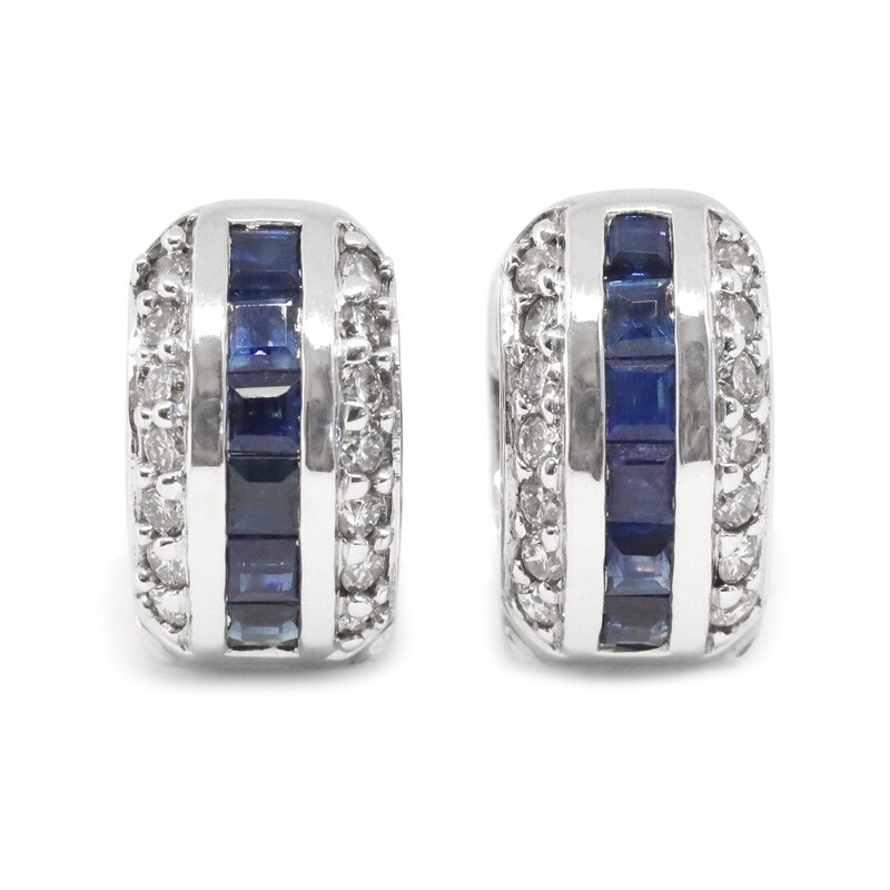 14KT White Gold Princess Sapphire Round Diamond Huggie Hoop Earrings