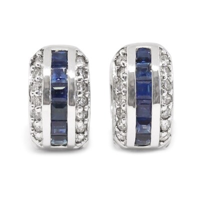 14KT White Gold Princess Sapphire Round Diamond Huggie Hoop Earrings
