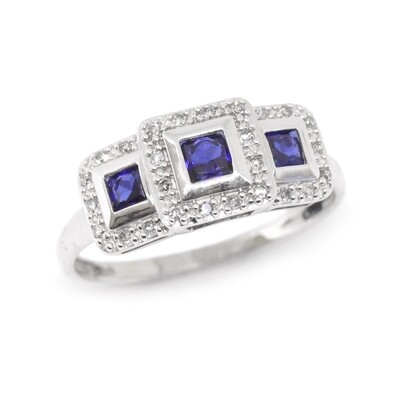 10KT White Gold Three Princess Sapphire Diamond Halo Ring