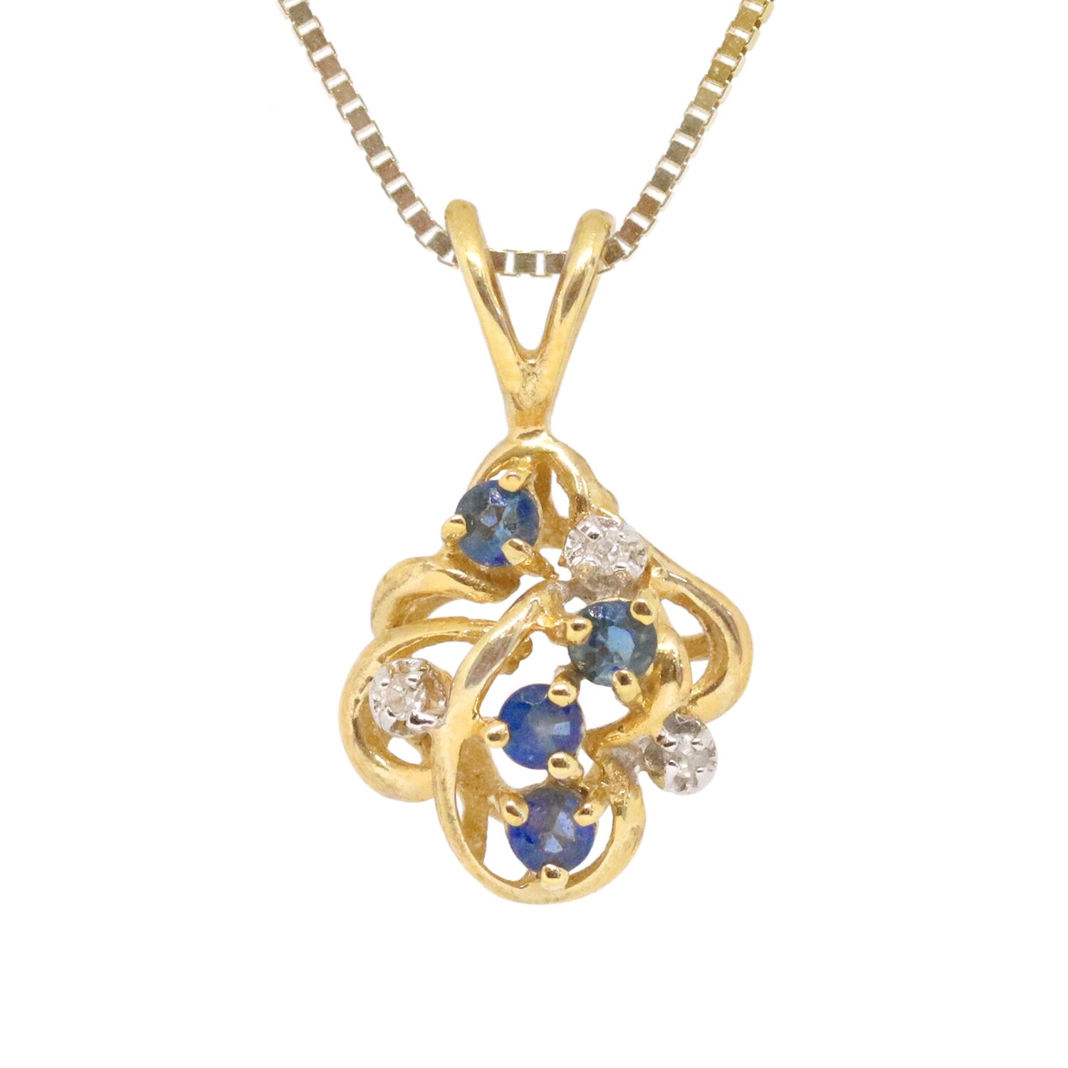 14KT Yellow Gold Round Sapphire and Diamond Swirl Necklace