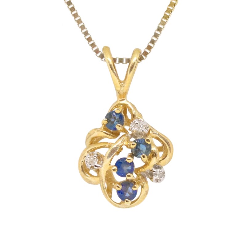 14KT Yellow Gold Round Sapphire and Diamond Swirl Necklace