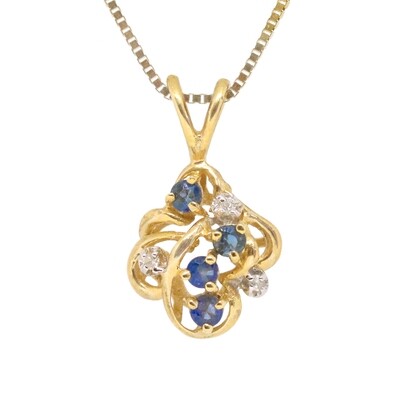 14KT Yellow Gold Round Sapphire and Diamond Swirl Necklace