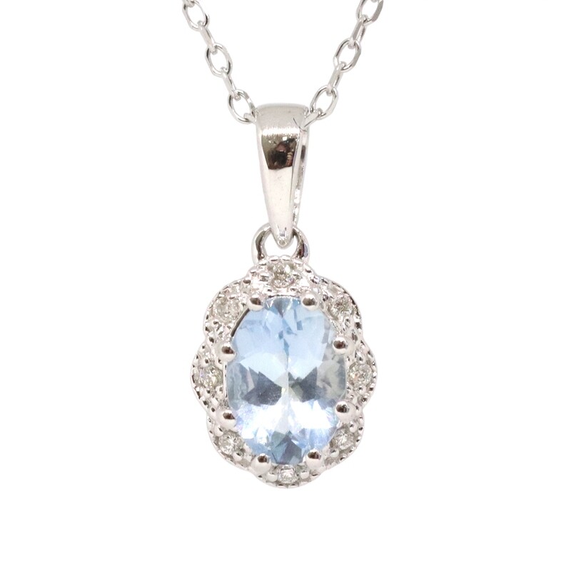 14KT White Gold Oval Aquamarine and Diamond Halo Necklace