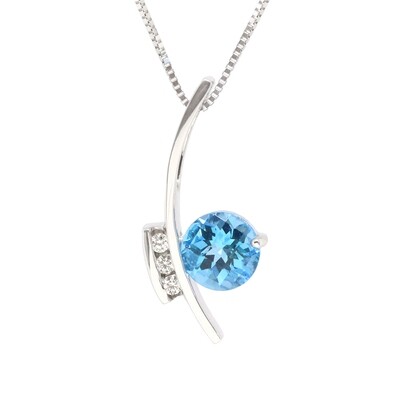 14KT White Gold Checkered Round Swiss Blue Topaz Round Diamond Accent Curved Necklace