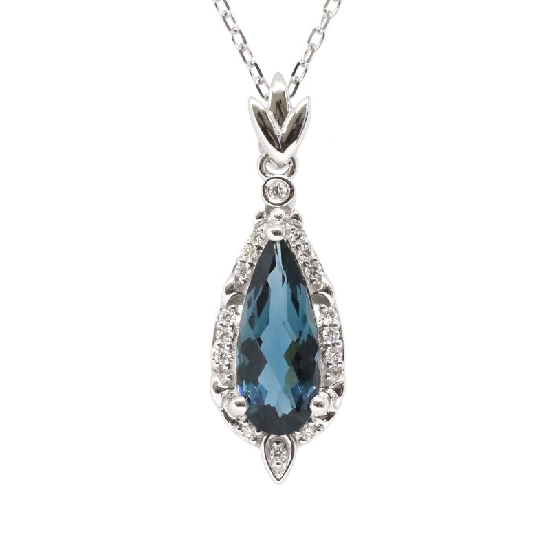 14KT White Gold Pear London Blue Topaz Diamond Halo Necklace