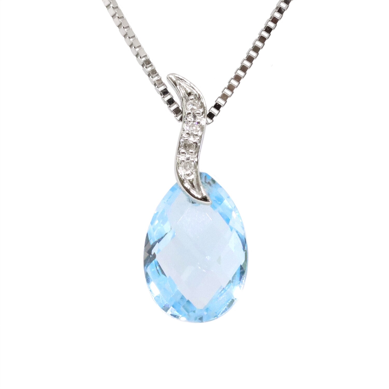 14KT White Gold Checkered Pear Blue Topaz Diamond Curved Bail Necklace