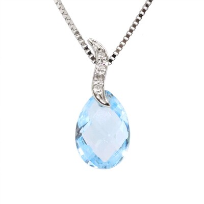 14KT White Gold Checkered Pear Blue Topaz Diamond Curved Bail Necklace