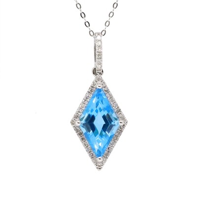 14KT White Gold Rhombus Blue Topaz Diamond Halo and Bail Necklace