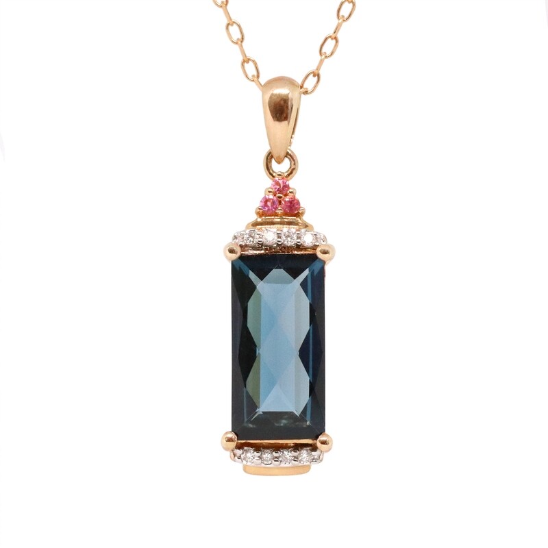 14KT Rose Gold Rectangle London Blue Topaz Diamond Accent Necklace