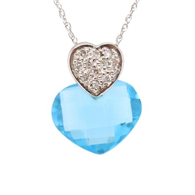 14KT White Gold Checkered Heart Blue Topaz Diamond Heart Bail Necklace