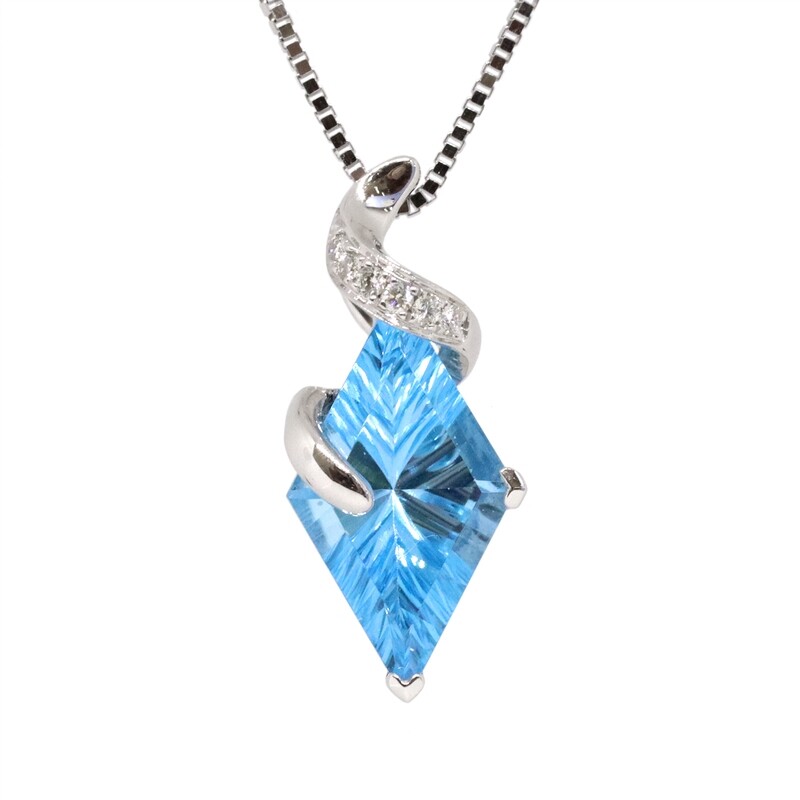 14KT White Gold Laser Kite-Cut Blue Topaz Diamond Swirl Bail Necklace