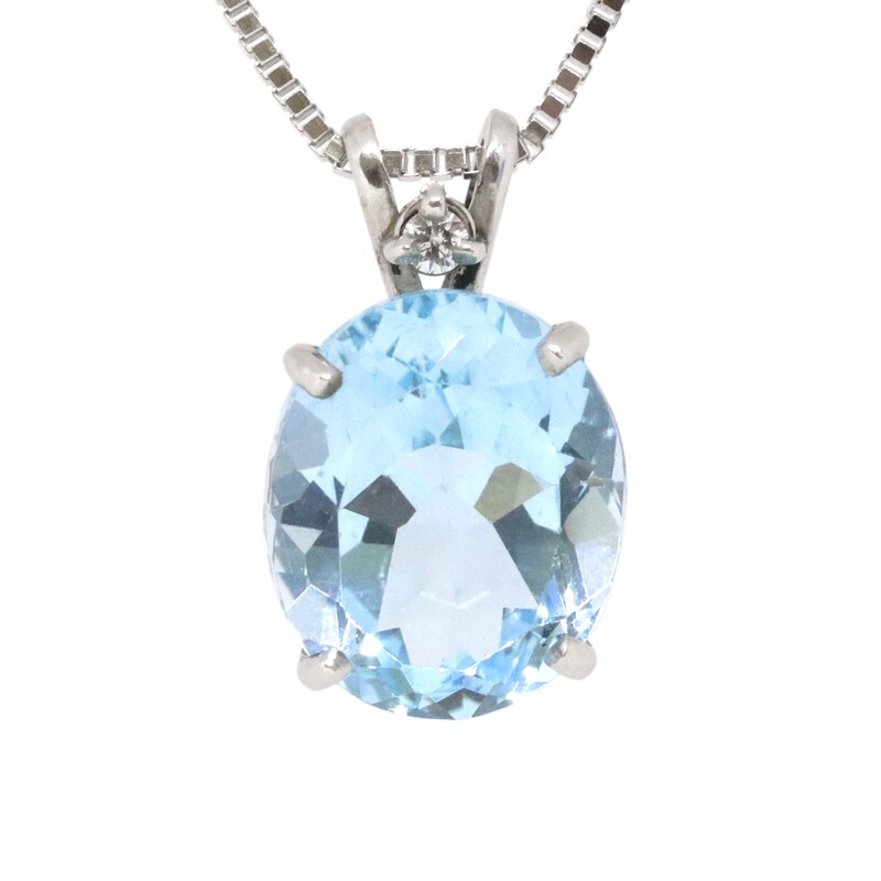 14KT White Gold Oval Blue Topaz Diamond Accent Necklace