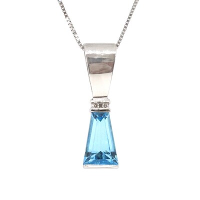 14KT White Gold Tapered Blue Topaz Two Diamond Accent Necklace
