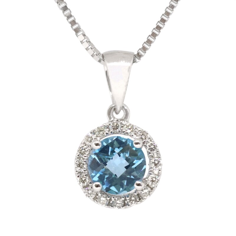 14KT White Gold Checkered Round Blue Topaz Diamond Halo Necklace