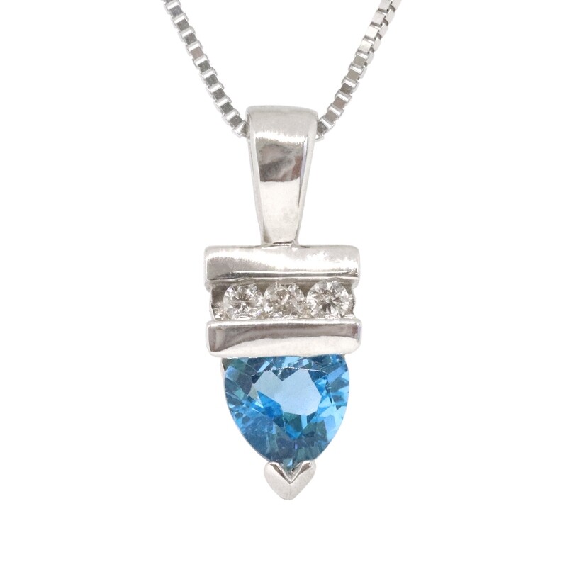14KT White Gold Trillion Blue Topaz Three Diamond Accent Necklace