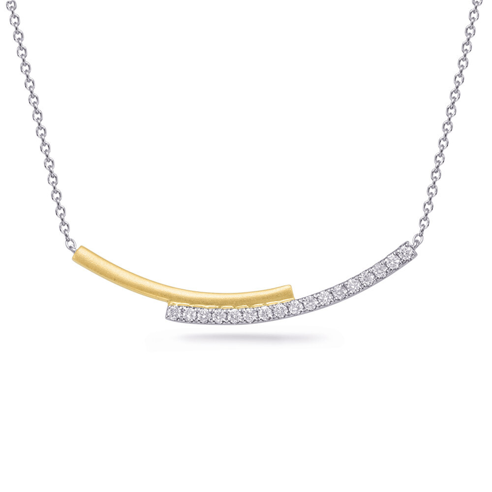 14KT TwoTone Gold Diamond Curved Bar Necklace