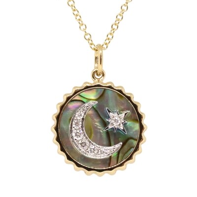 14KT Yellow Gold Round Abalone Diamond Star and Moon Necklace