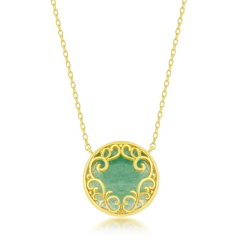 Yellow Gold-Plated Round Jade Filigree Necklace