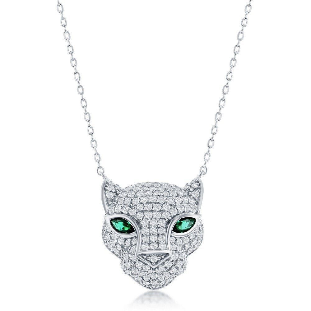 Silver White and Green Cubic Zirconia Panther Necklace