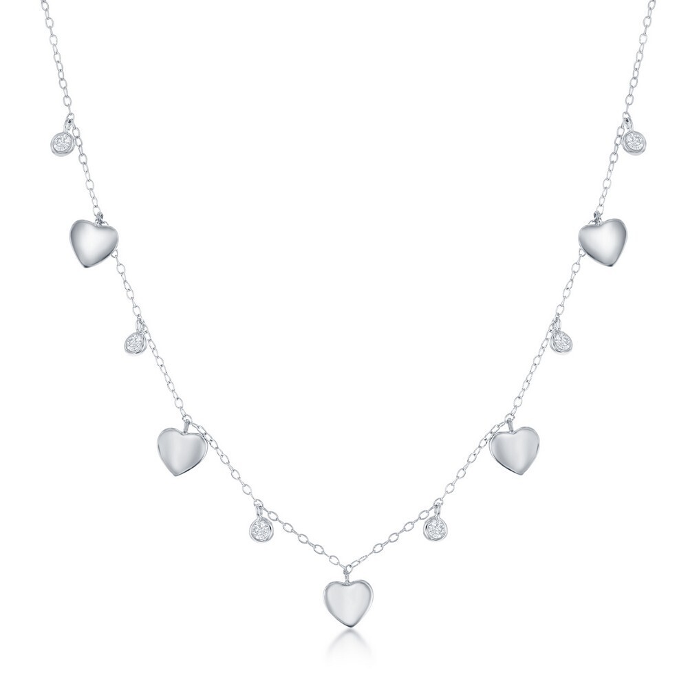 Silver Alternating Bezel Cubic Zirconia and Polished Hearts Necklace
