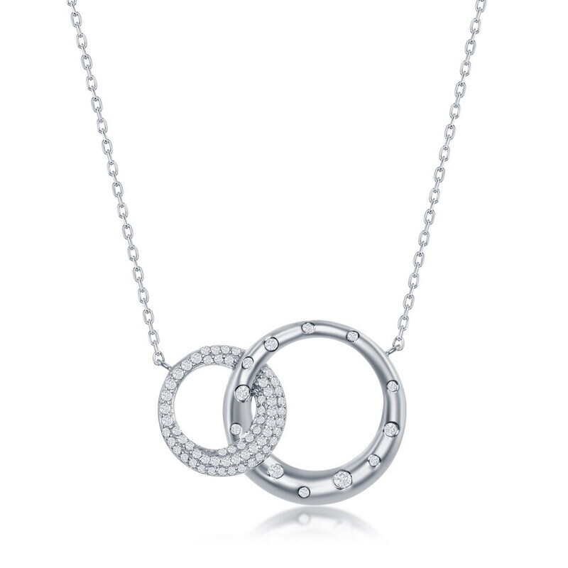 Silver Cubic Zirconia Dual Interlocking Circle Necklace