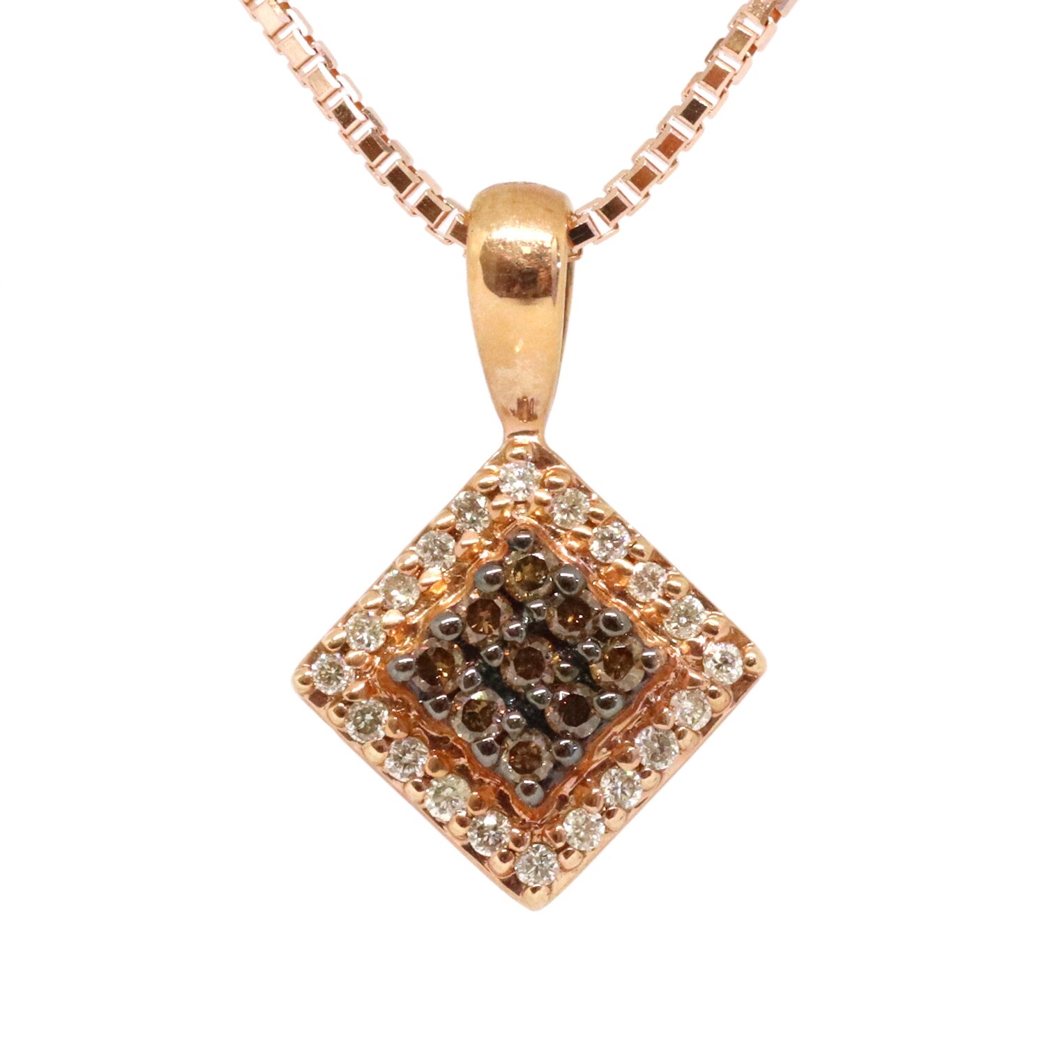 14KT Rose Gold Chocolate and White Diamond Square Cluster Necklace