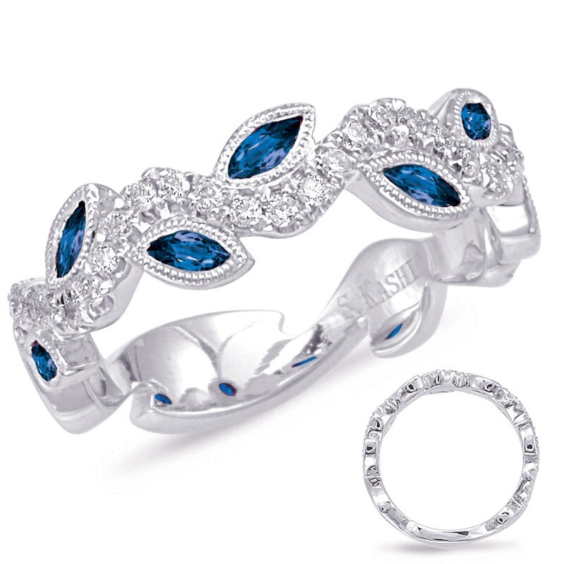 14KT White Gold Marquis Sapphire Round Diamond Vine Ring