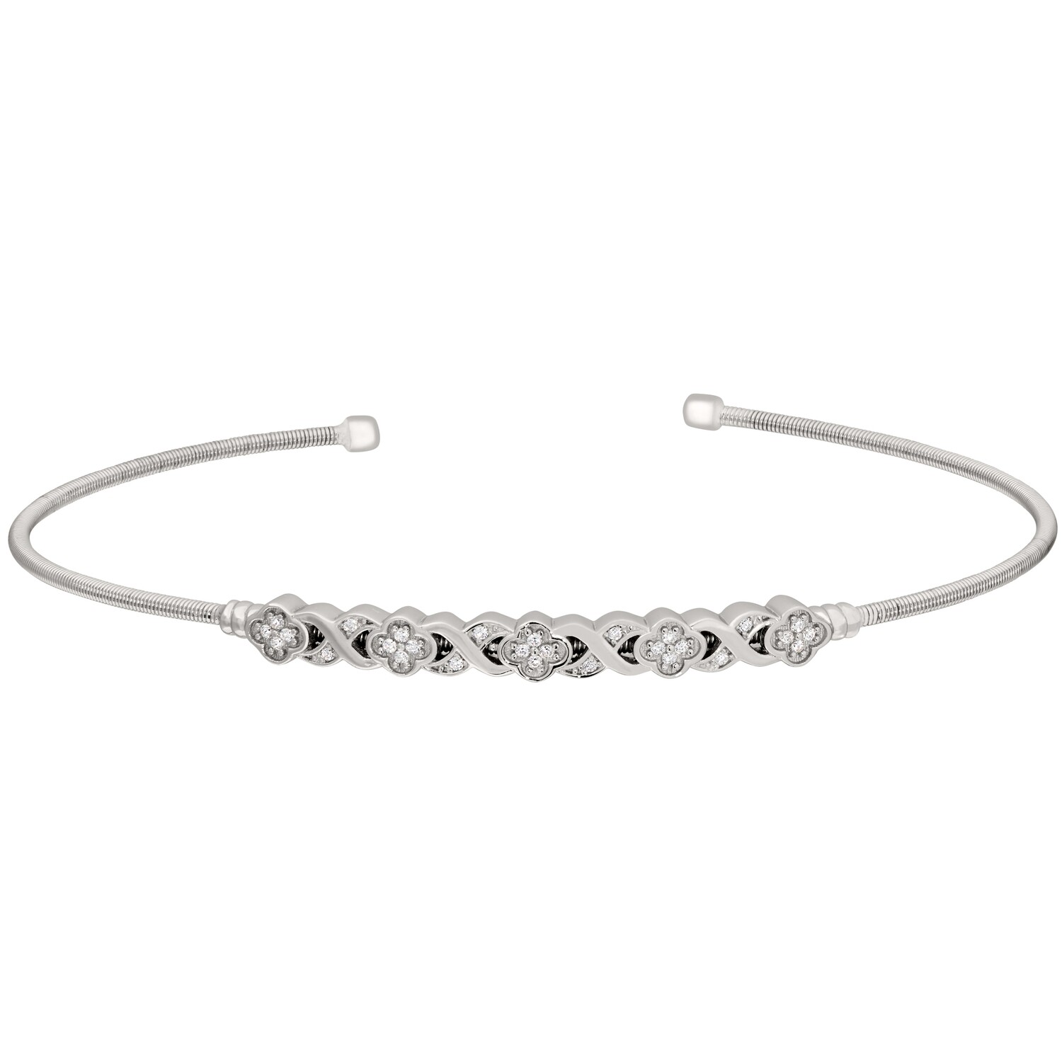 Silver Simulated Diamond XO Flower Cable Cuff Bracelet