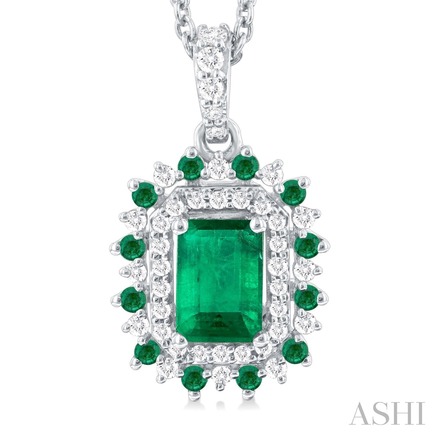 14KT White Gold Rectangle Emerald Dual Diamond Emerald Halos Necklace