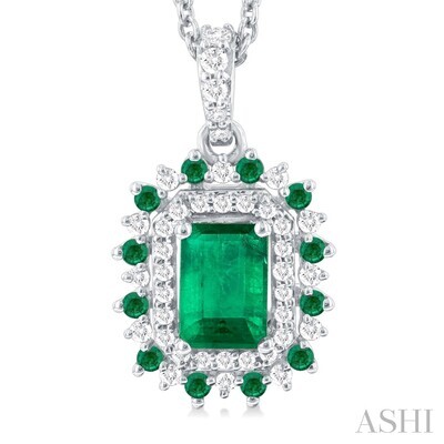 14KT White Gold Rectangle Emerald Dual Diamond Emerald Halos Necklace