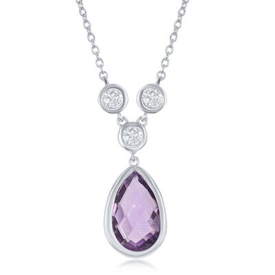 Silver Pear-Cut Amethyst Round White Topaz Accents Necklace