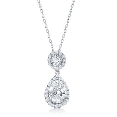 Silver Pear and Round Cubic Zirconia with Halos Necklace