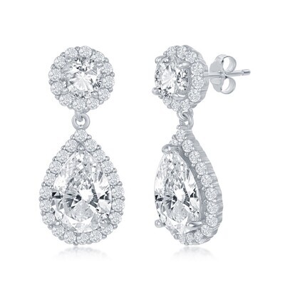 Silver Pear and Round Cubic Zirconia with Halos Earrings