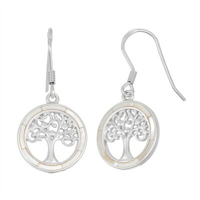 Silver Round Mother of Pearl Tree of Life Dangle Earrings