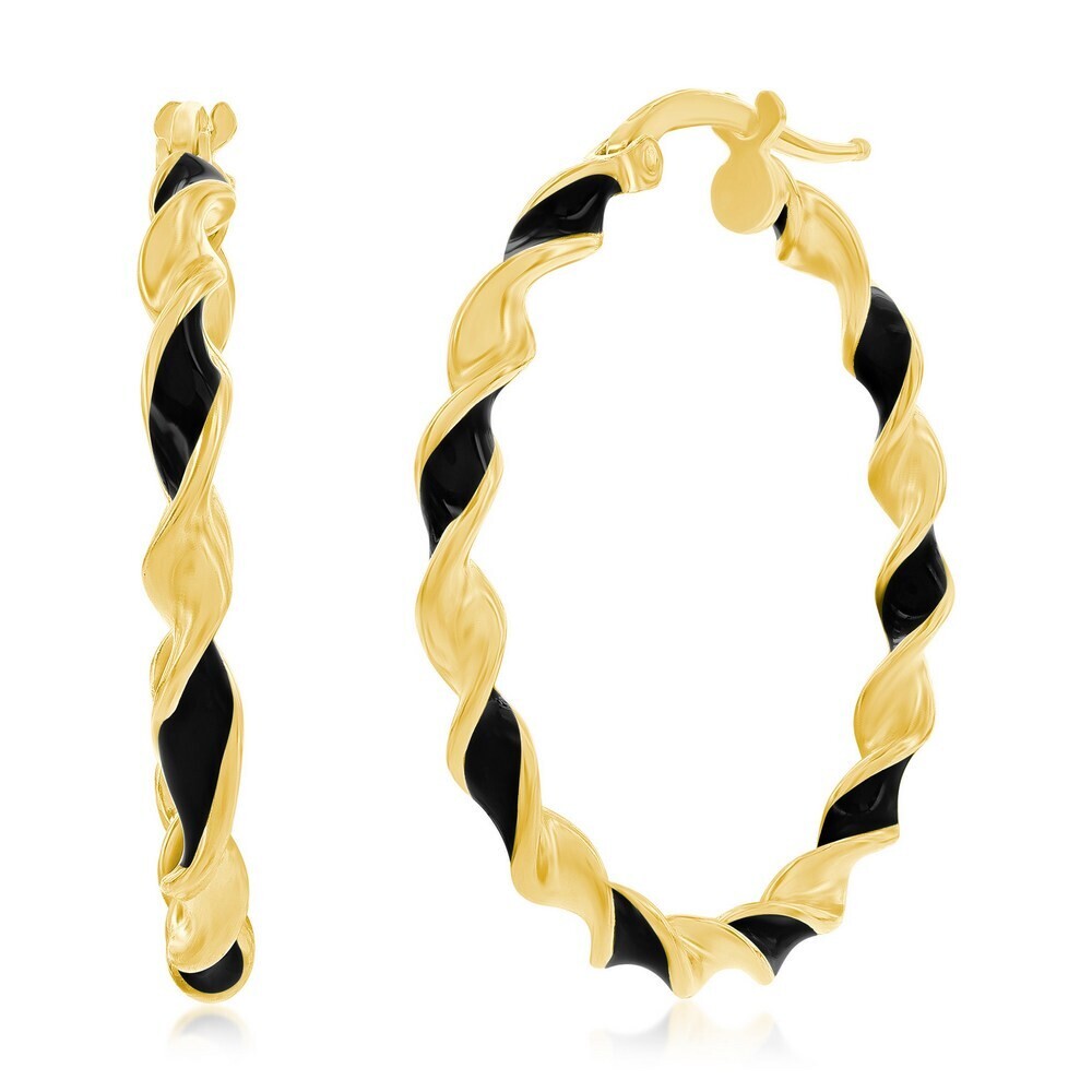 Yellow Gold Plated Black Enamel Twist Hoop Earrings