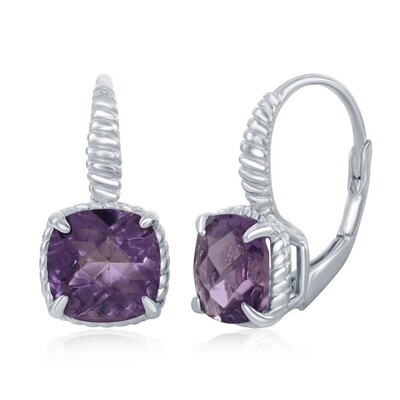 Silver Square Amethyst Leverback Earrings