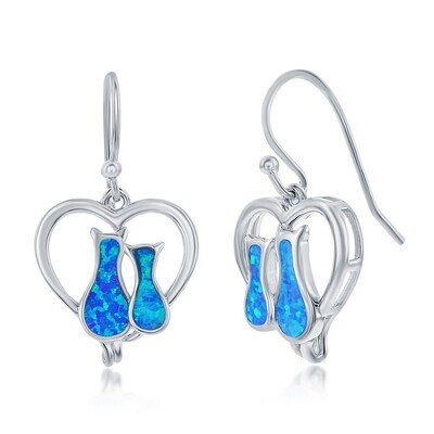 Silver Blue Opal Inlay Cat Pair Heart Earrings