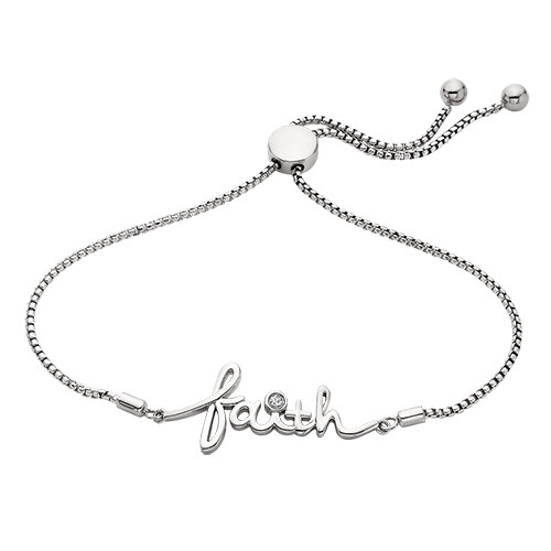 Silver "Faith" Diamond Accent Bolo Bracelet